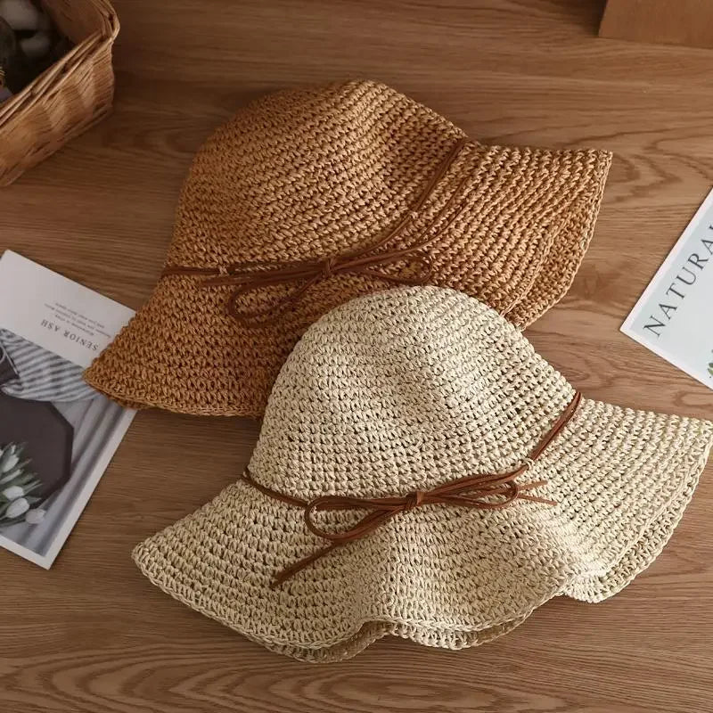 Women's Beach Hats: Foldable Straw Sun Caps with Bow for UV Protection - Summer Travel Essentials 