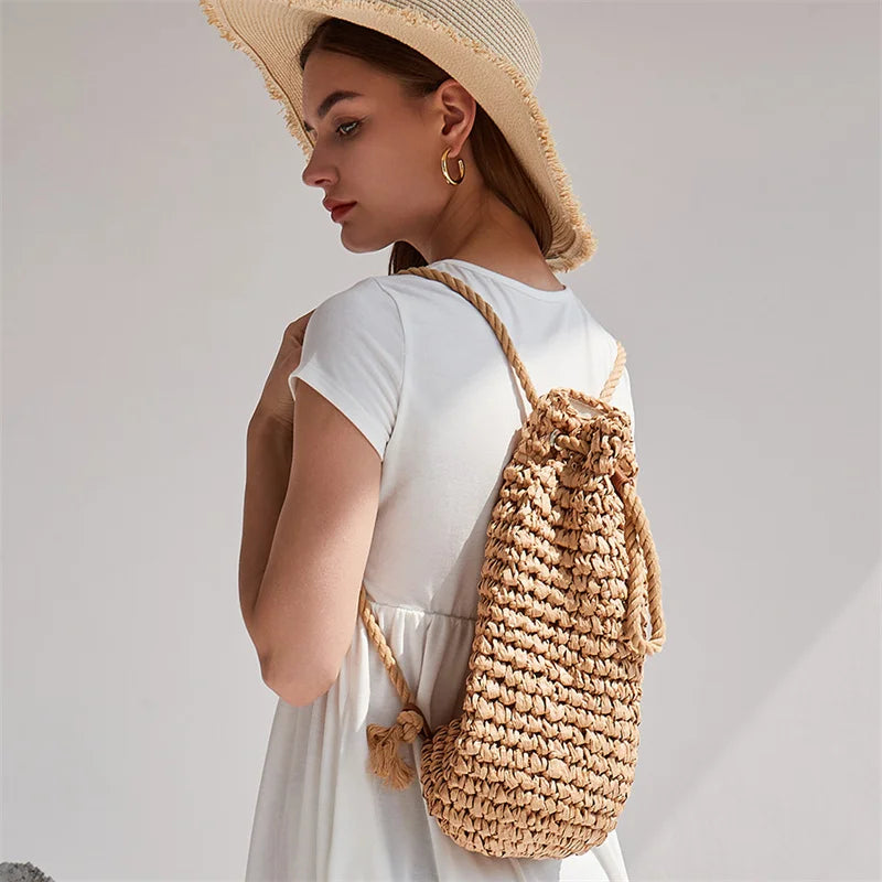 Casual Straw Drawstring Beach Women's Backpack