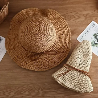 Women's Beach Hats: Foldable Straw Sun Caps with Bow for UV Protection - Summer Travel Essentials 