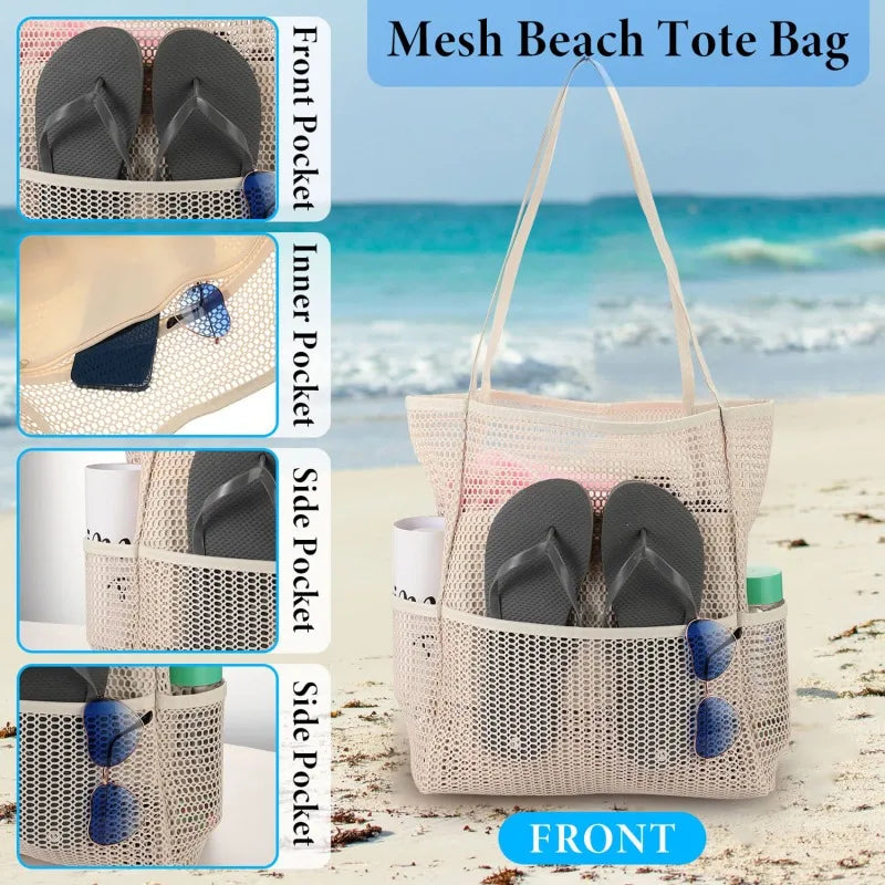 Lazy Mesh Beach Bag Multi Pockets Summer Beach Bag for Towels 