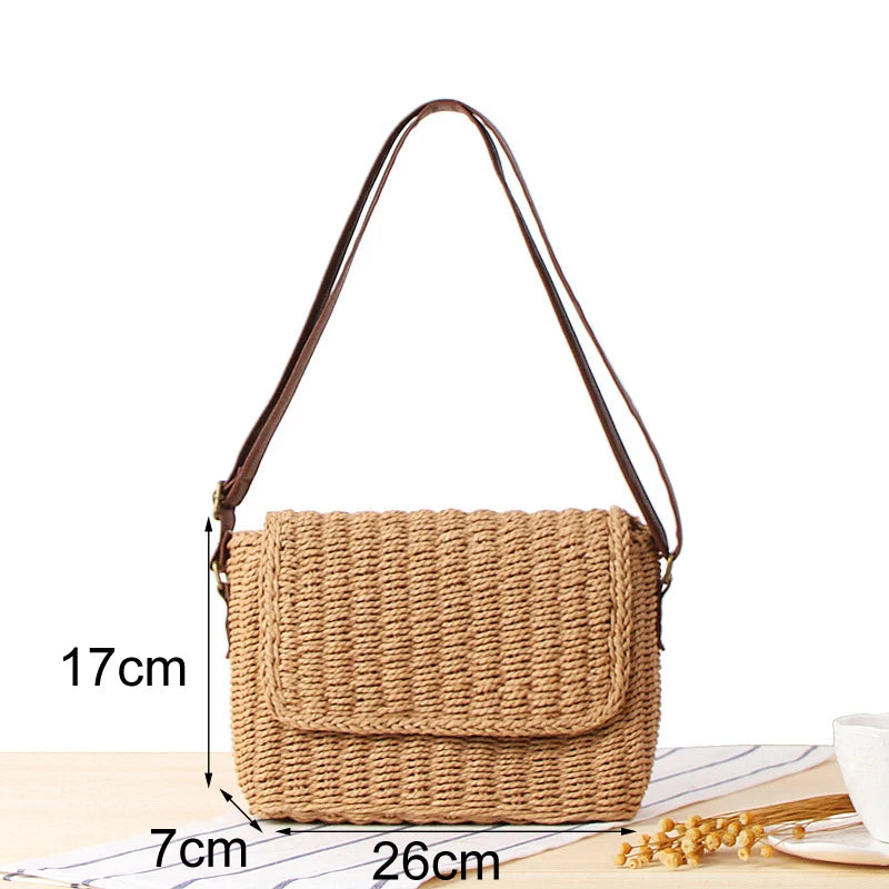 Crossbody Messenger Bag Raffia Straw Shoulder Bag with Straight Flap