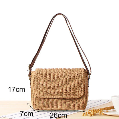 Crossbody Messenger Bag Raffia Straw Shoulder Bag with Straight Flap