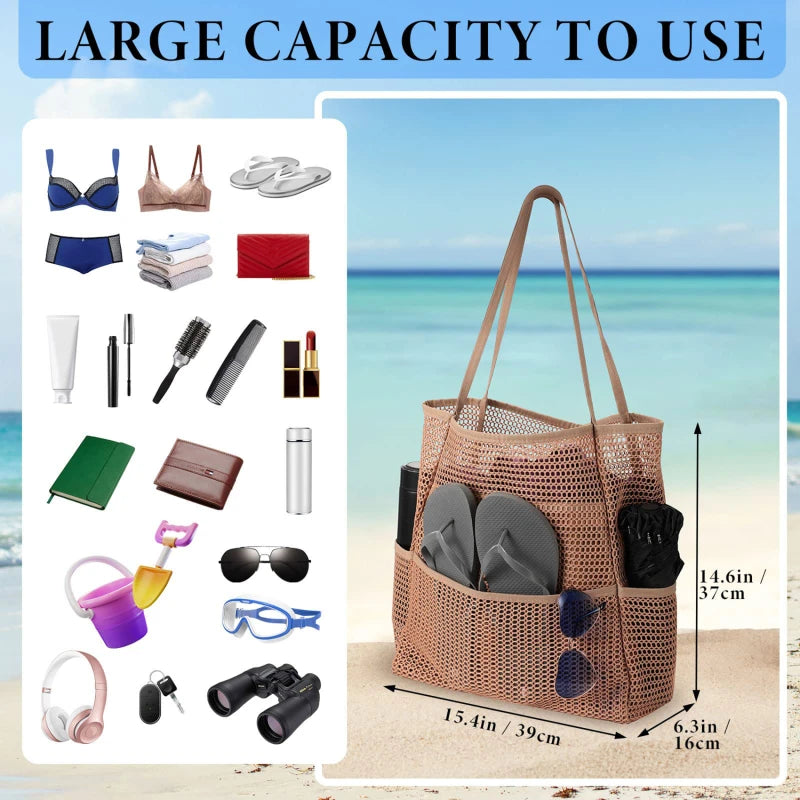 Lazy Mesh Beach Bag Multi Pockets Summer Beach Bag for Towels 