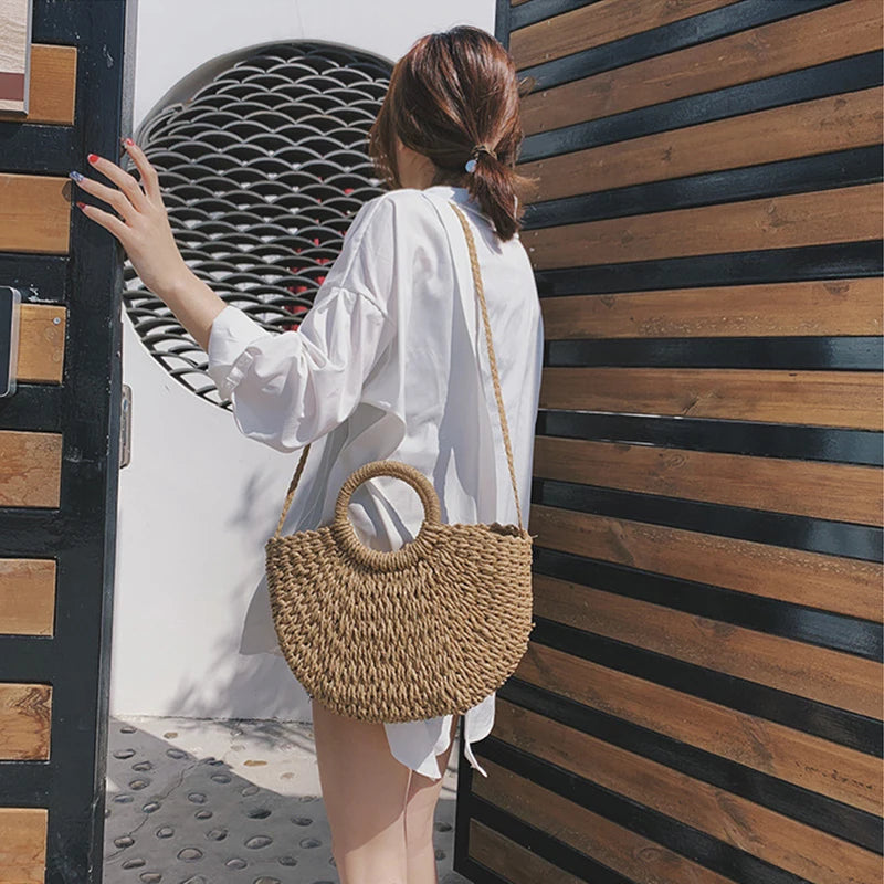 Moon Shape Crossbody Straw Shoulder Bag