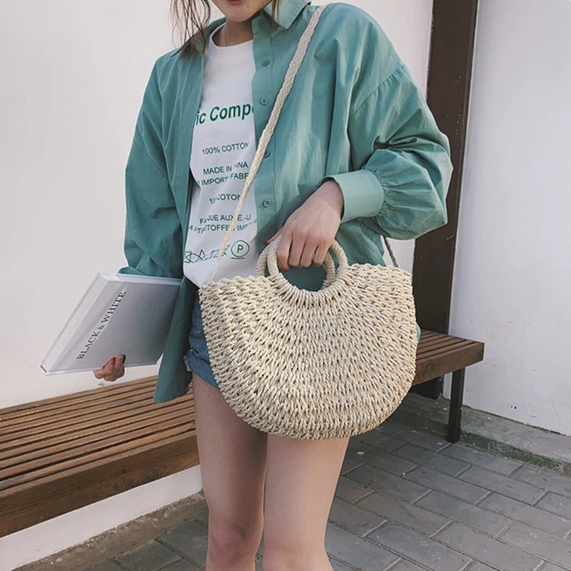 Moon Shape Crossbody Straw Shoulder Bag