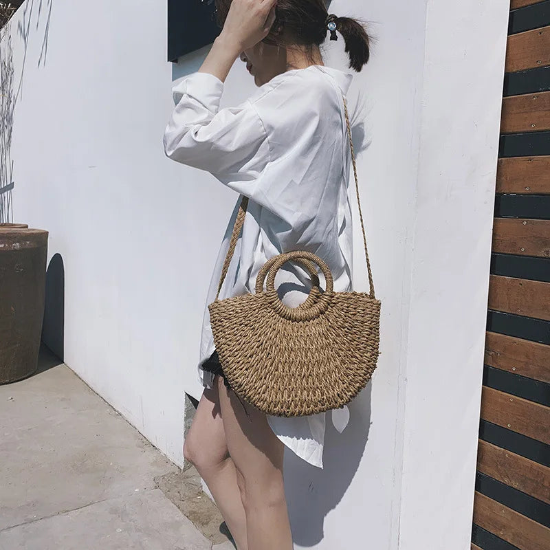 Moon Shape Crossbody Straw Shoulder Bag