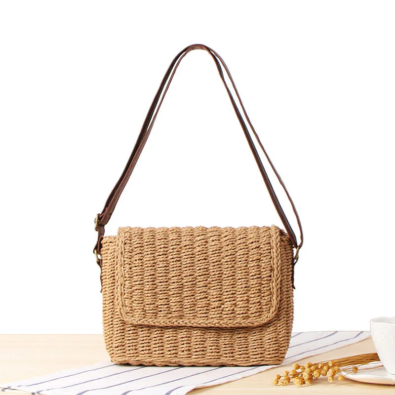 Crossbody Messenger Bag Raffia Straw Shoulder Bag with Straight Flap