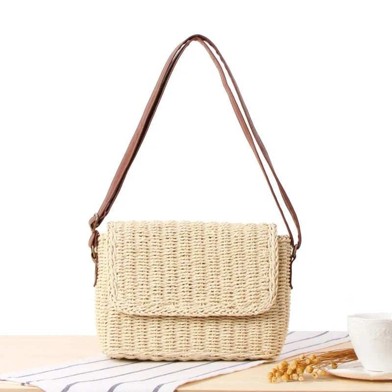 Crossbody Messenger Bag Raffia Straw Shoulder Bag with Straight Flap