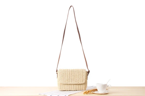 Crossbody Messenger Bag Raffia Straw Shoulder Bag with Straight Flap