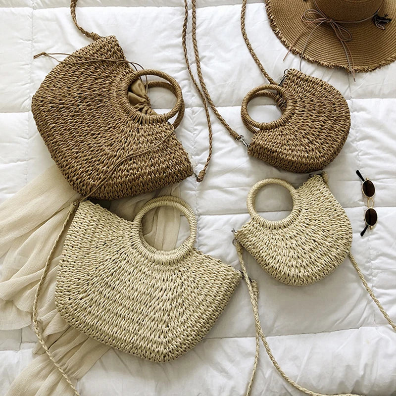 Moon Shape Crossbody Straw Shoulder Bag