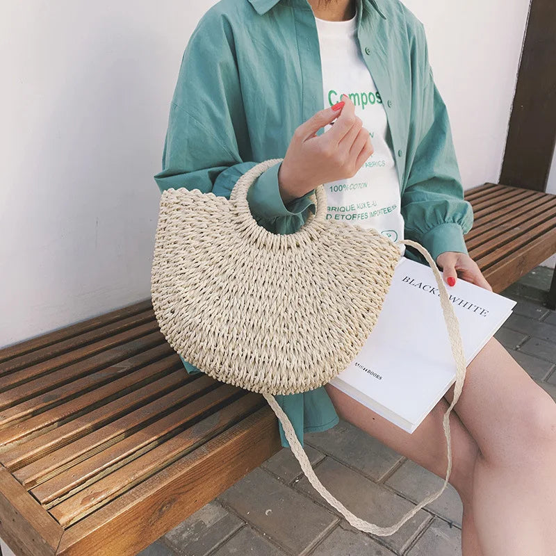 Moon Shape Crossbody Straw Shoulder Bag