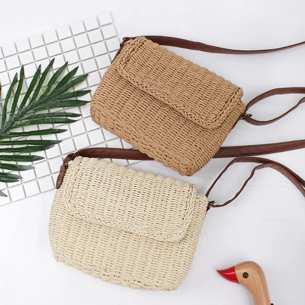 Crossbody Messenger Bag Raffia Straw Shoulder Bag with Straight Flap