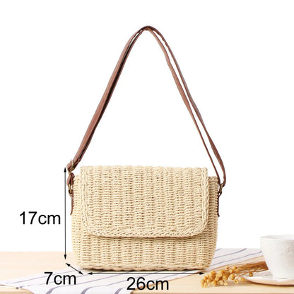 Crossbody Messenger Bag Raffia Straw Shoulder Bag with Straight Flap