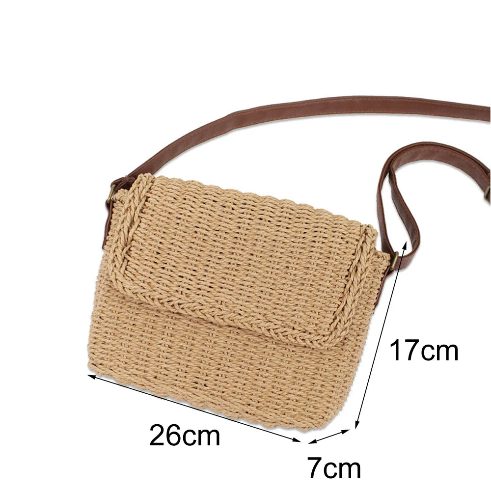 Crossbody Messenger Bag Raffia Straw Shoulder Bag with Straight Flap