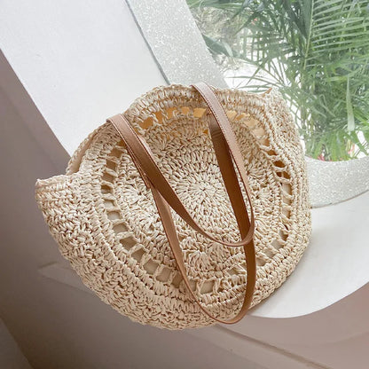 Woven Straw Round Hollow Out Beach Bag