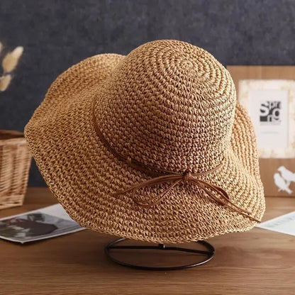 Women's Beach Hats: Foldable Straw Sun Caps with Bow for UV Protection - Summer Travel Essentials 