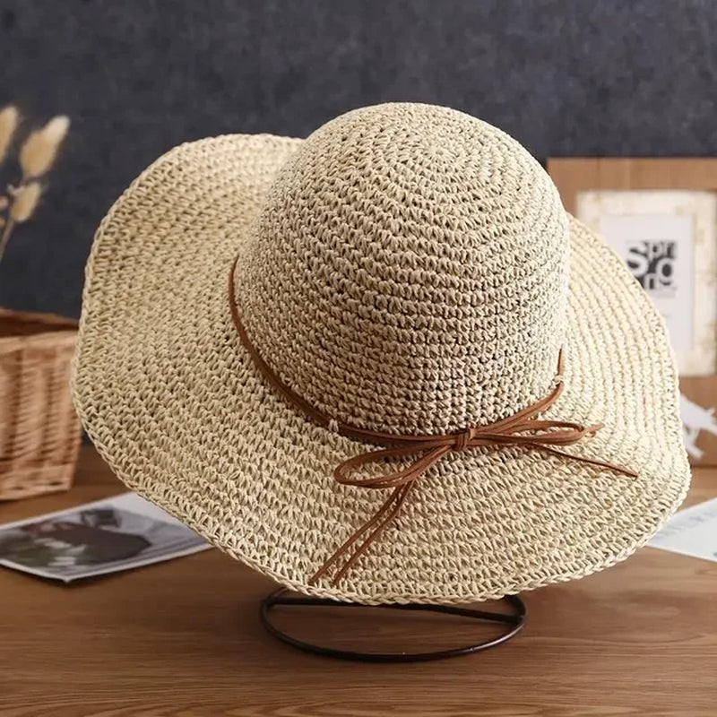 Women's Beach Hats: Foldable Straw Sun Caps with Bow for UV Protection - Summer Travel Essentials 