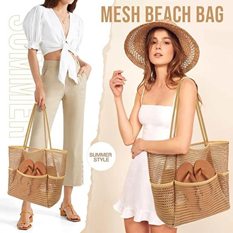 Lazy Mesh Beach Bag Multi Pockets Summer Beach Bag for Towels 