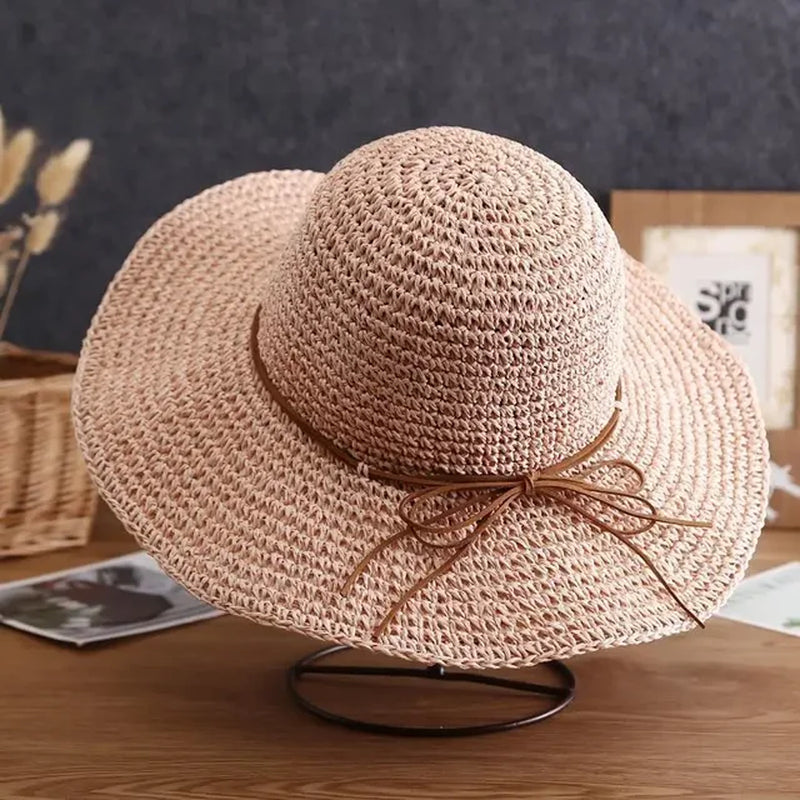 Women's Beach Hats: Foldable Straw Sun Caps with Bow for UV Protection - Summer Travel Essentials 