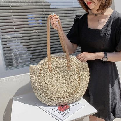 Woven Straw Round Hollow Out Beach Bag