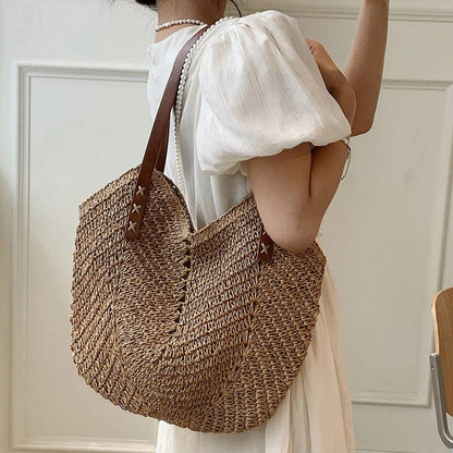 Women's Straw Weave Shoulder Beach Bag 