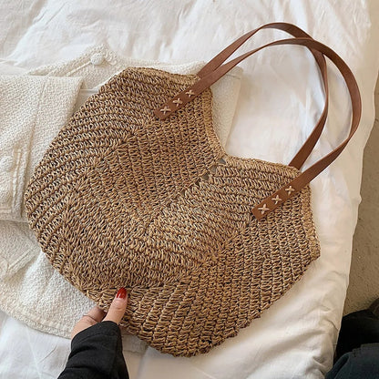 Women's Straw Weave Shoulder Beach Bag 