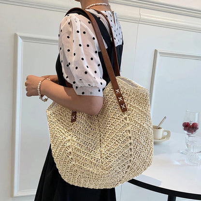 Women's Straw Weave Shoulder Beach Bag 